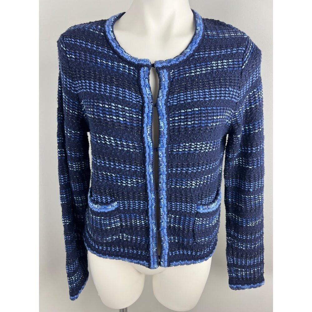 Chico's Blue Tweed Stripe Cotton Ramie Blend Cardigan Medium Preppy Old Money